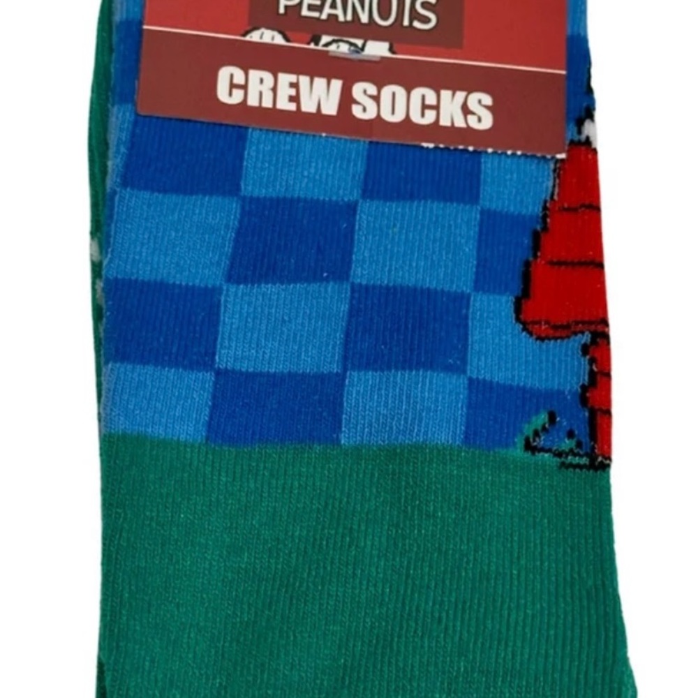 Peanuts Snoopy Blue, Green, Red Checkered Crew Socks, 1 Pair, Adult Size 9-13 - Picture 2 of 2